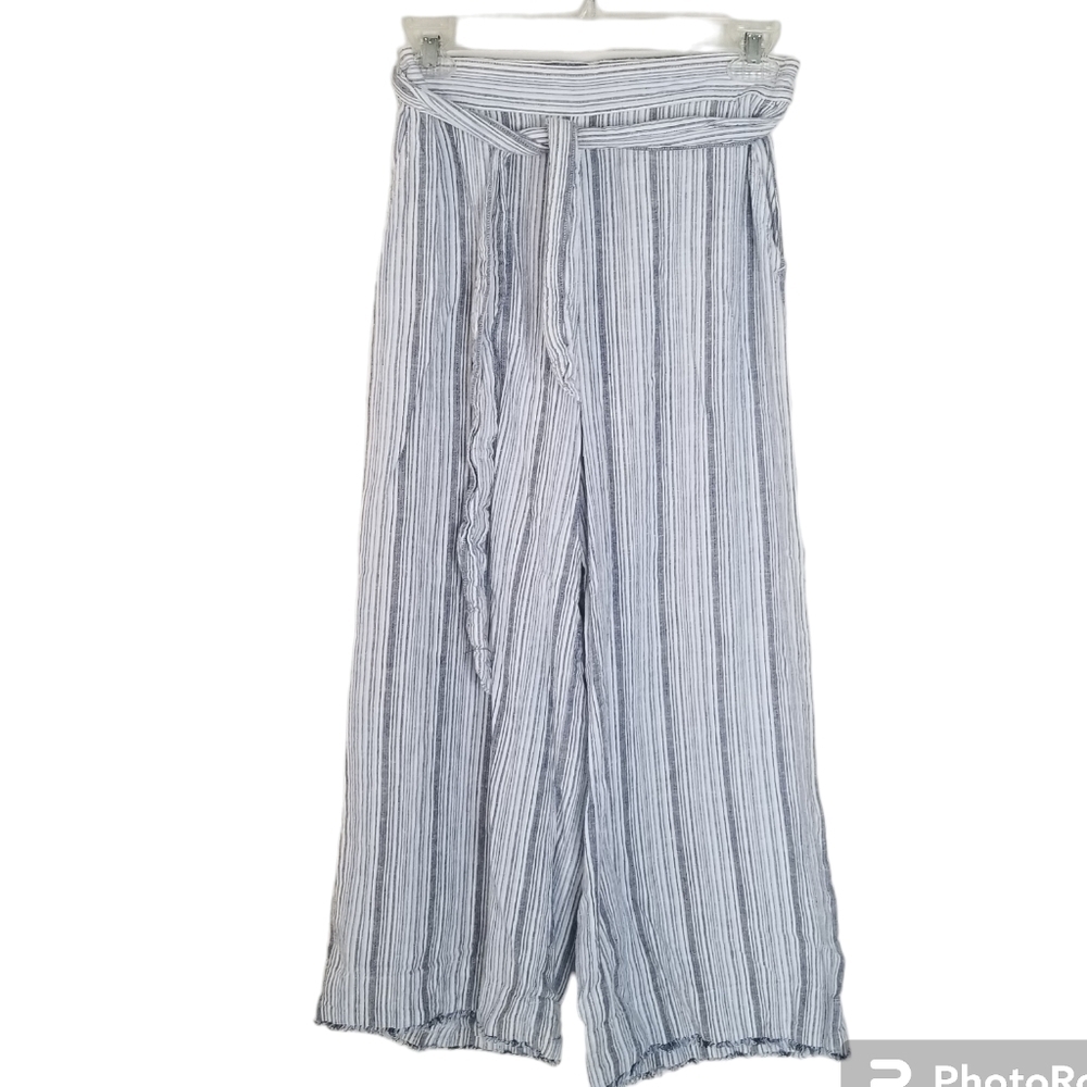 ANTHROPOLOGIE CLOTH & STONE Striped Wide Leg Pants Blue White Frayed Hem S